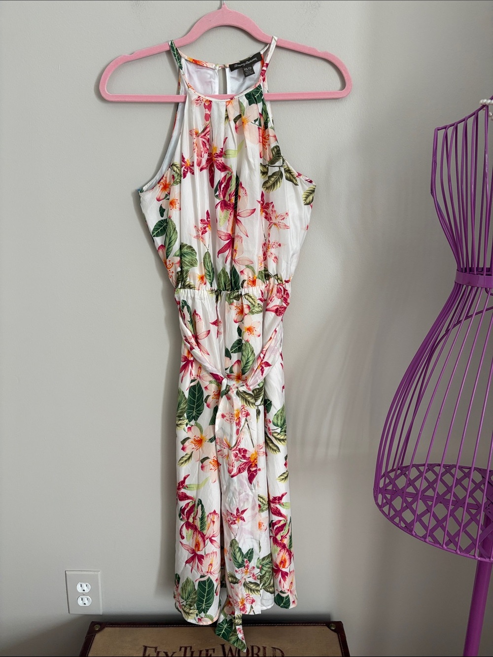 Tommy Bahama Silk White Halter Midi Dress with Pink & Green Floral Print